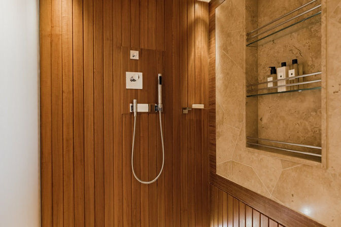 Wooden corridor detail inside luxury yacht interior