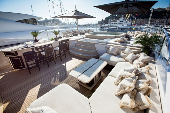 Superyacht aft deck with lounge chairs and ocean view