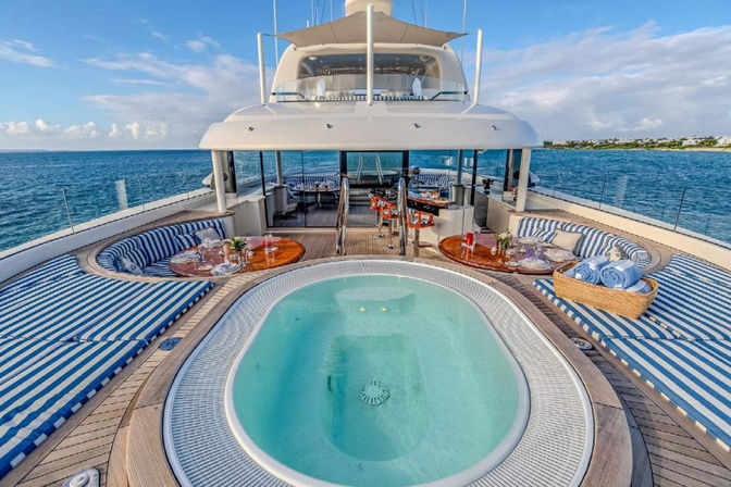 Elevated jacuzzi pool with panoramic sea views on yacht