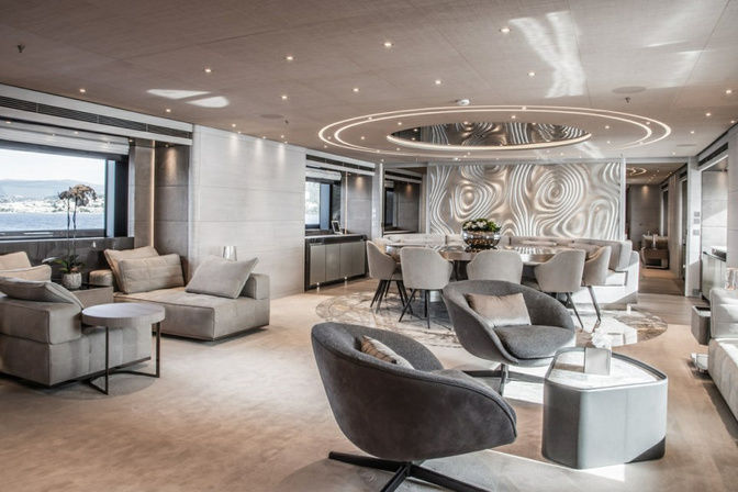 Contemporary salon with neutral tones and elegant seating arrangement