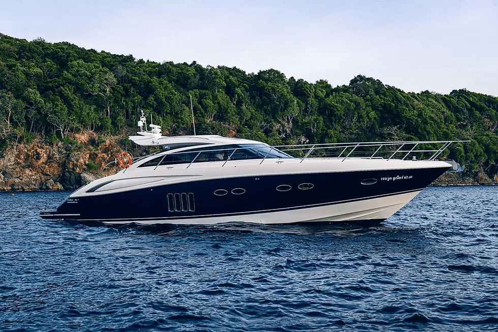 Princess V62 S motor yacht cruising at sea with forested coastline in background