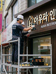 아우라 인테리어 간판을 설치 중인 작업자들