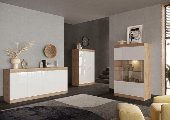 Miniaturbild: Vitrine Breite 91 cm, Fronten Hochglanz Lack  Eiche Cadiz NB