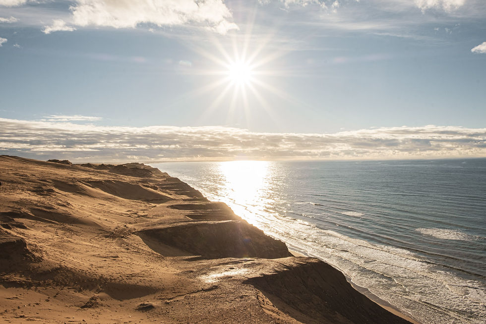 Sonnige Dünenküste am Meer mit glitzerndem Wasser, heller Sonne am Himmel und ruhiger, weiter Landschaft.