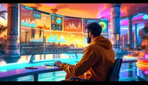 Profissional de marketing analisando dashboards de dados em múltiplas telas, representando o conceito de Data-Driven Marketing em um ambiente digital e inovador