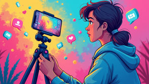 Influenciador digital gravando conteúdo para o TikTok, com smartphone em tripé e Ãcones representando engajamento e redes sociais.