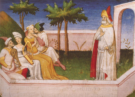 Sabbah with followers and maidens in his gardens.