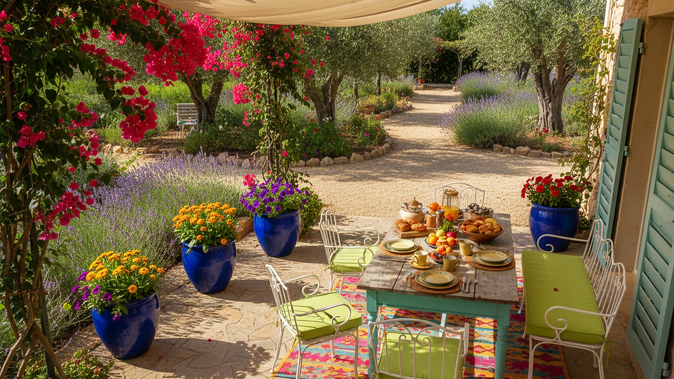 High angle view of a serene garden patio at a boutique bed and breakfast