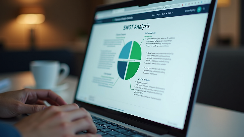 Close-up view of a laptop screen showing a SWOT analysis chart