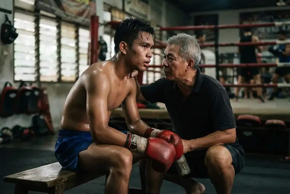 A young Malaysian Muay Thai fighter sits in the corner of a gym taking a slow controlled breath while his coach steadies his shoulder before sparring.