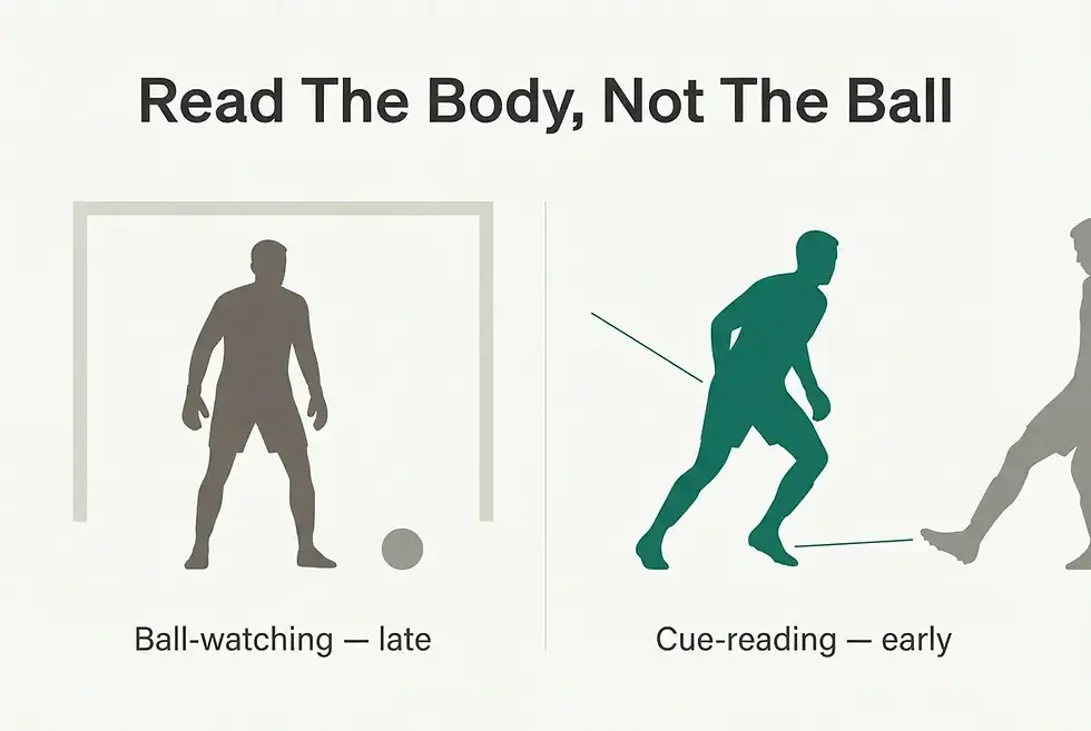 Infographic contrasting a grey goalkeeper figure who watches the ball and reacts late with a teal goalkeeper figure who reads the taker's hip and plant foot and moves early, titled "Read The Body, Not The Ball".