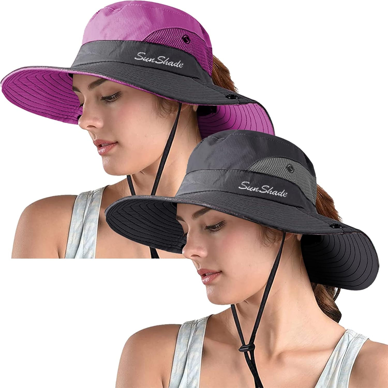 ZOORON Women's Ponytail Safari Sun Hat,Wide Brim UV Protection Outdoor Bucket H