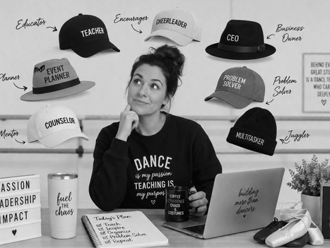 Dance teacher seated at a desk surrounded by hats representing the different roles involved in teaching and running a studio.