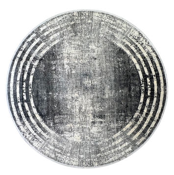 Alfombra redonda gris moderna con diseño concéntrico y efecto desgastado en tonos marfil.