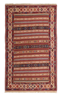 Alfombra Tapete Sumak artesanal de lana hecho a mano con diseño geométrico tradicional turco persa étnico.