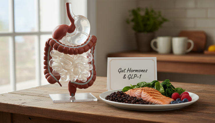 Close-up view of a digestive system model beside a plate of simple whole foods.