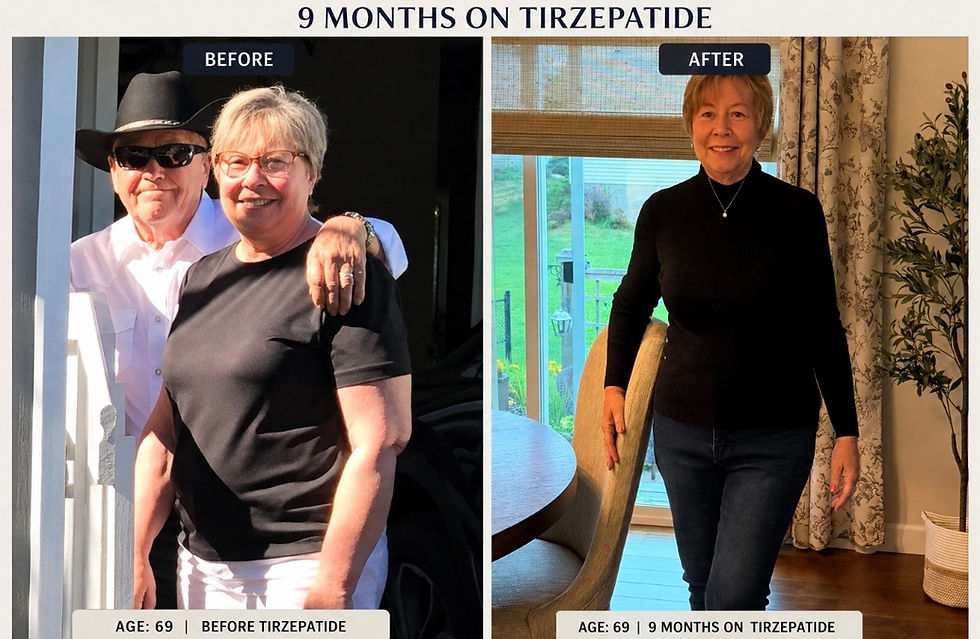 Before-and-after photo showing weight loss progress during GLP-1 treatment.