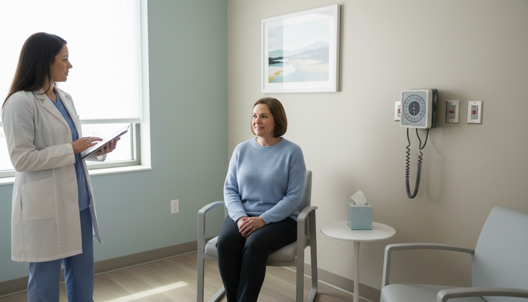 Eye-level view of a patient sitting calmly in a bright community clinic exam room.