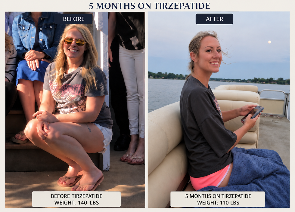 Before-and-after photo showing a KL Wellness founder showing personal weight loss progress.