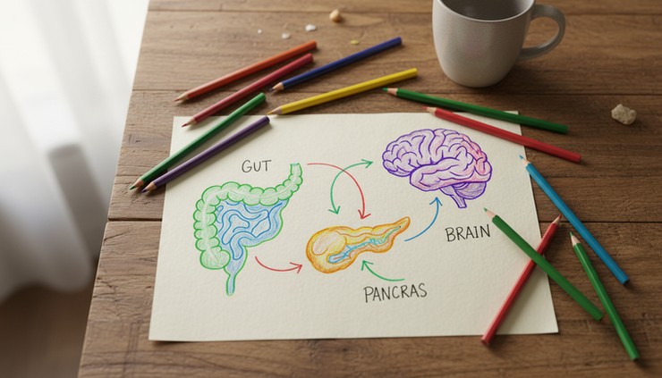 Overhead view of a simple hand-drawn diagram connecting the gut, pancreas, and brain with arrows.