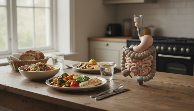 Wide-angle view of a healthy meal on a kitchen table beside a simple anatomical model of the digestive system.