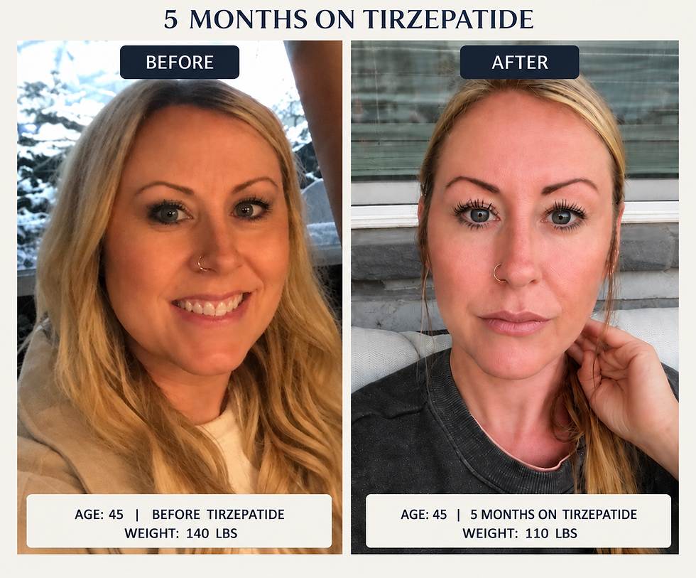Before-and-after photo showing a KL Wellness founder showing personal weight loss progress.