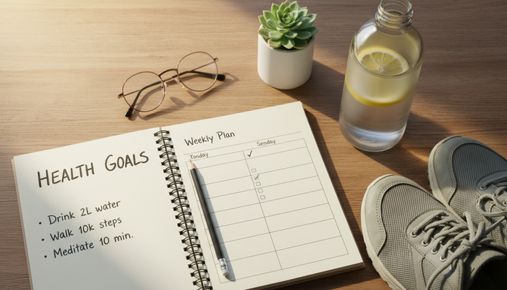 Close-up view of a notebook with health goals beside a water bottle and walking shoes