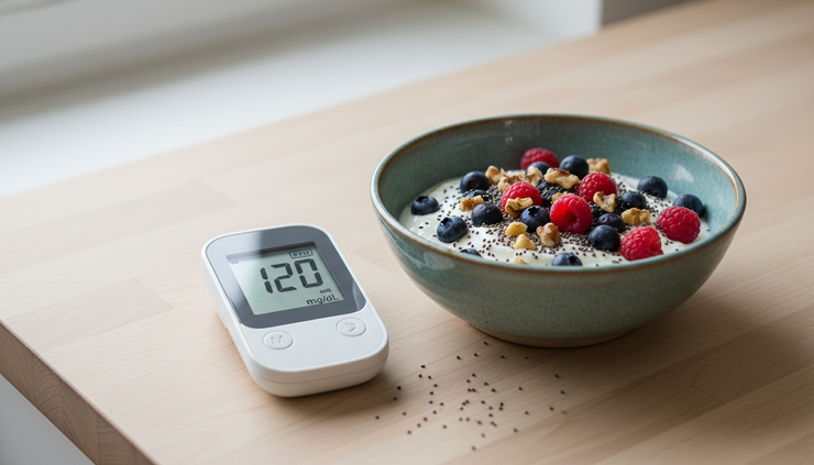 Close-up of a glucose meter beside a bowl of berries, chia seeds, and Greek yogurt