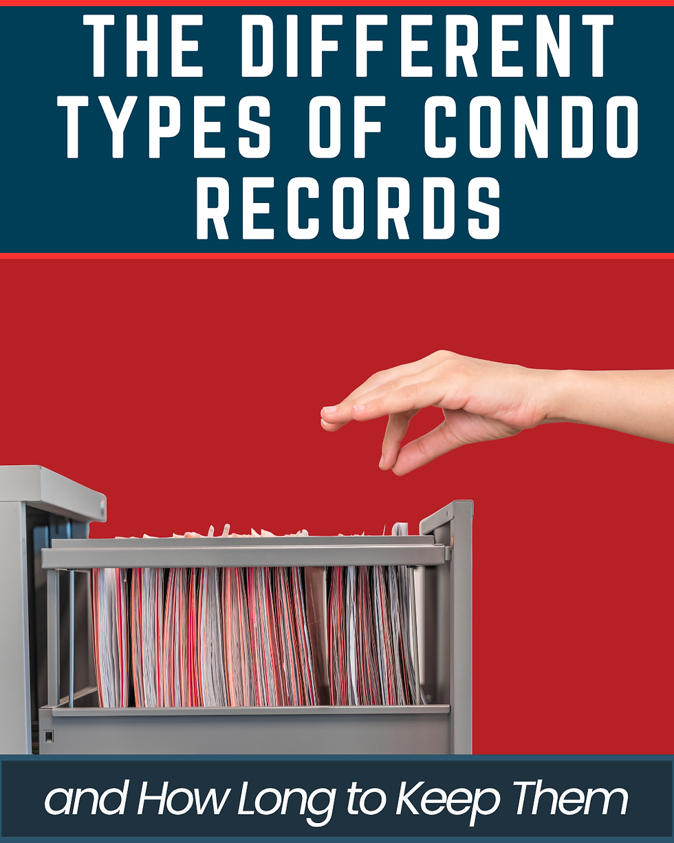 Hand reaching for condo records in a filing cabinet against a red background. Text: "The Different Types of Condo Records and How Long to Keep Them."