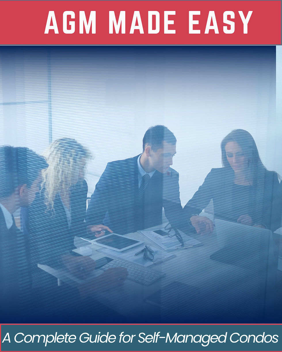 Business meeting in an office through blinds. People discuss papers and tablets. Red header: "AGM MADE EASY." Calm, focused mood.