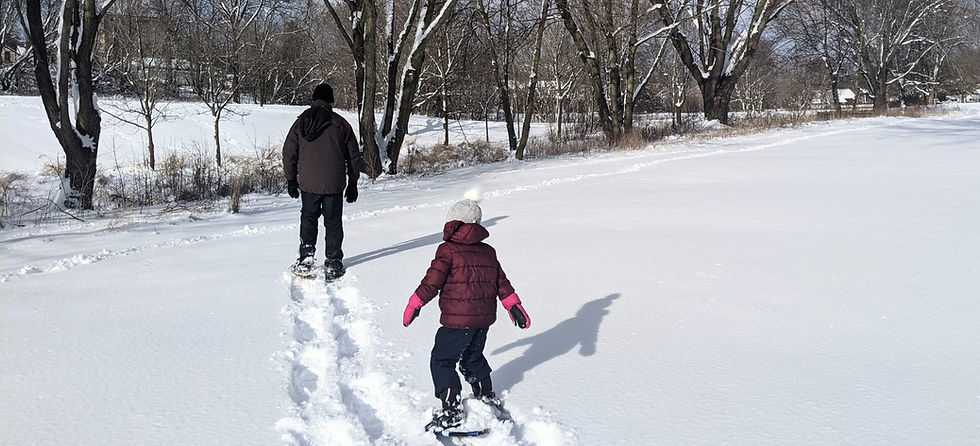 A person and a child wearing snowshoes walk away from the camera through deep snow in a winter landscape with bare trees.