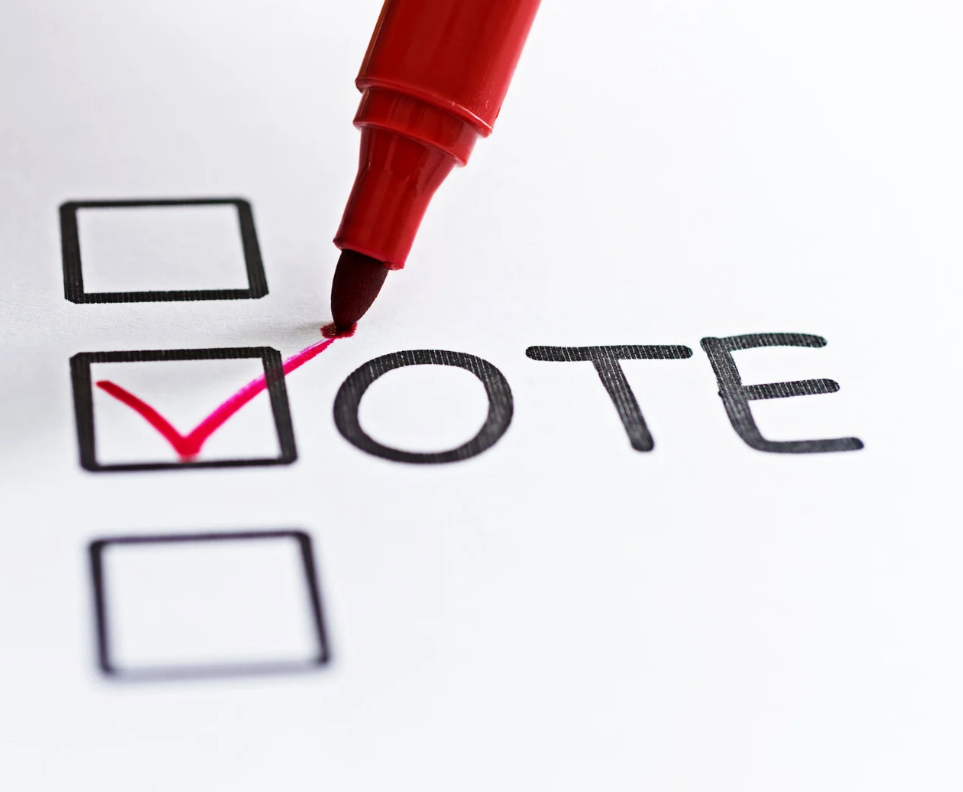 Red marker checks box next to "VOTE" on white paper, creating a vibrant, decisive mark. The mood is focused and purposeful.