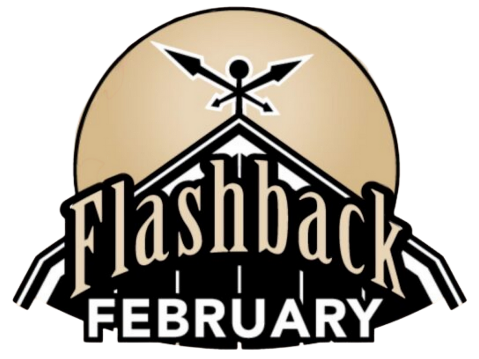 Logo with text "Flashback February" in bold letters. Features a black and tan color scheme with an arrow design above the text.