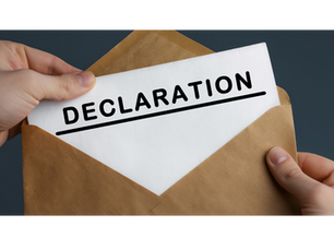 Hands pulling a paper labeled DECLARATION from a brown envelope against a dark background.