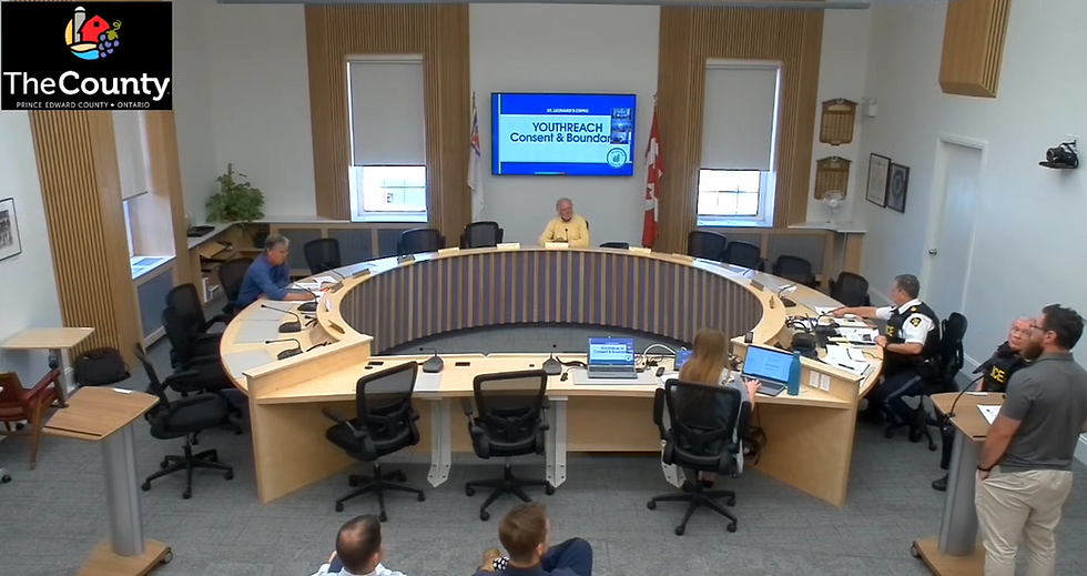 People in a round meeting room discuss "Youthreach Consent & Boundaries" on screen. The County logo visible. Professional setting.