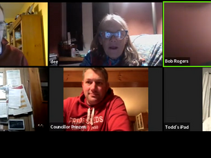 Six people in a Zoom meeting. Labels include TheCounty Committee and Councillor Prinzen. Backgrounds vary with indoor settings.