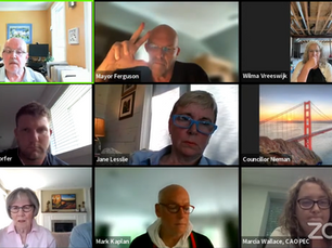 A virtual meeting with eight participants and a Golden Gate Bridge image. "Zoom" logo visible, varied home settings, and neutral expressions.