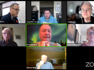 Seven people in a virtual meeting grid; one has a scenic backdrop, others are in home offices. Text names each participant. Mood is focused.