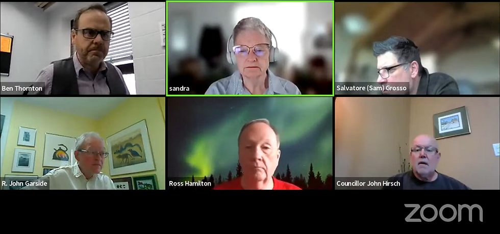 Six people in a virtual meeting, each in separate windows. Backgrounds are diverse, featuring artwork and a nature scene. "Zoom" logo visible.