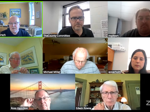 Seven people in a virtual meeting on Zoom, names visible. Various backgrounds include offices and a bridge photo. They appear focused.