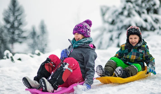 Two kids sledding downhill in a snowy landscape, wearing colorful winter gear. Both are smiling, with trees blurred in the background.