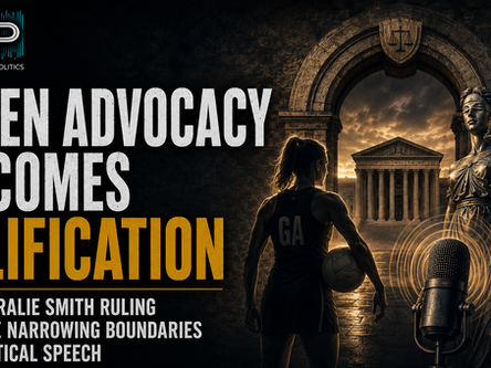FCP article thumbnail showing a female athlete facing a courthouse and Lady Justice, with a microphone symbolising political speech and the headline “When Advocacy Becomes Vilification.”