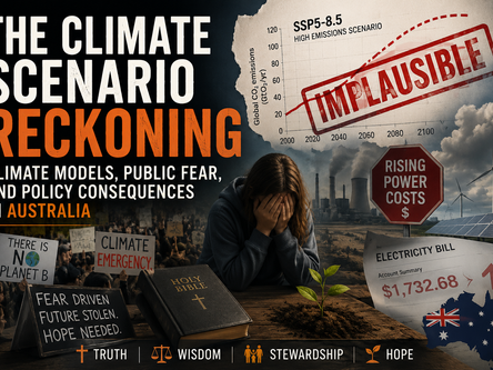 Dramatic editorial-style thumbnail for an article on climate modelling, public fear, and policy consequences in Australia. The image features protest crowds, an “implausible” climate emissions scenario chart, rising electricity costs, industrial energy infrastructure, and a distressed young person beside a Bible and growing plant, symbolising the tension between fear, stewardship, truth, and hope from a Christian perspective.