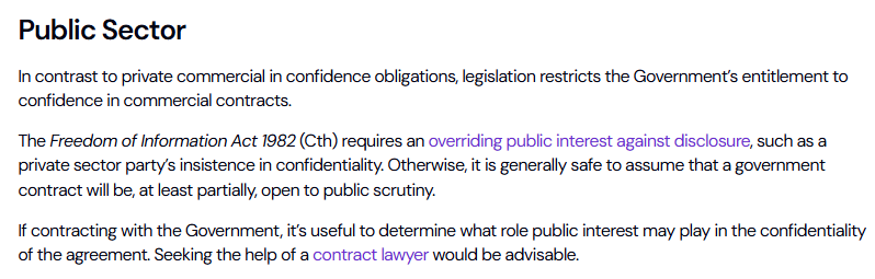 Excerpt from Australian government contracting guidance explaining that Freedom of Information laws require an overriding public interest against disclosure before government contracts can be withheld from public scrutiny.