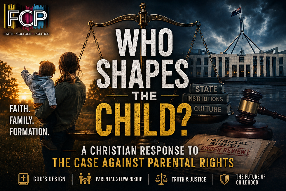Dramatic FCP Australia article thumbnail showing a mother holding a child at sunset beside scales of justice balancing family and institutional power, with Parliament House, a judge’s gavel, and the title “Who Shapes the Child? A Christian Response to the Case Against Parental Rights.”