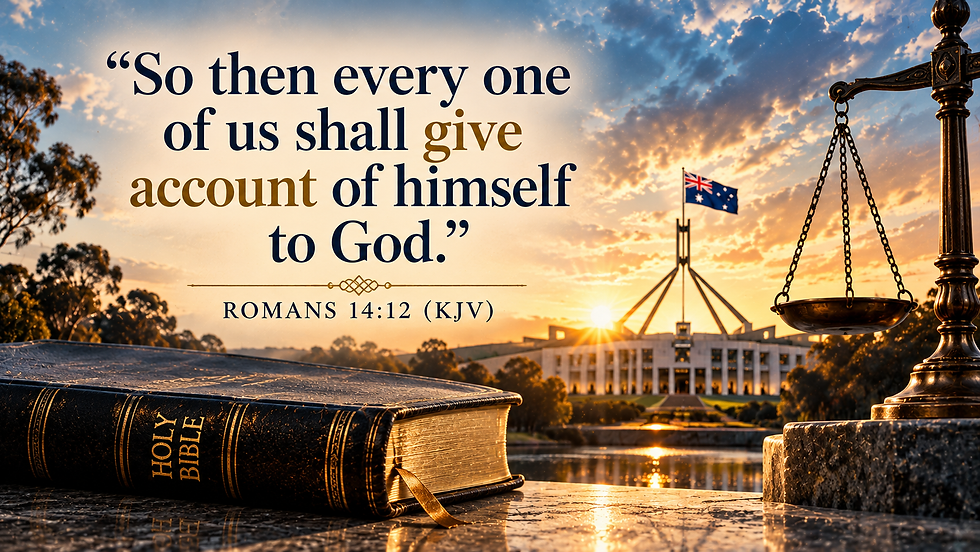 Romans 14:12 Scripture image with a Holy Bible, scales of justice and Australian Parliament House, reflecting conscience, accountability before God and the limits of earthly authority.