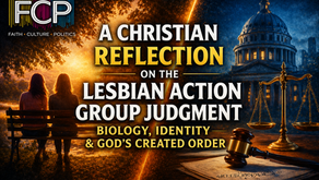 Split scene showing two women sitting together and a courthouse with scales of justice, representing a Christian reflection on the Lesbian Action Group Federal Court judgment
