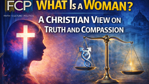 Christian perspective on what is a woman, showing female silhouette with cross and balance scales representing truth, compassion and gender identity debate