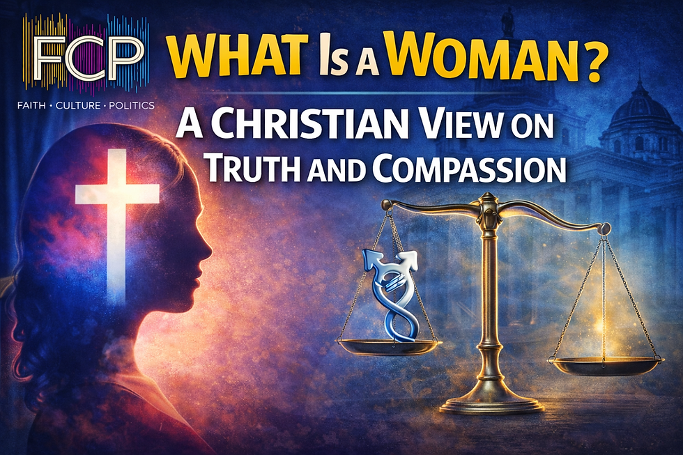 Christian perspective on what is a woman, showing female silhouette with cross and balance scales representing truth, compassion and gender identity debate