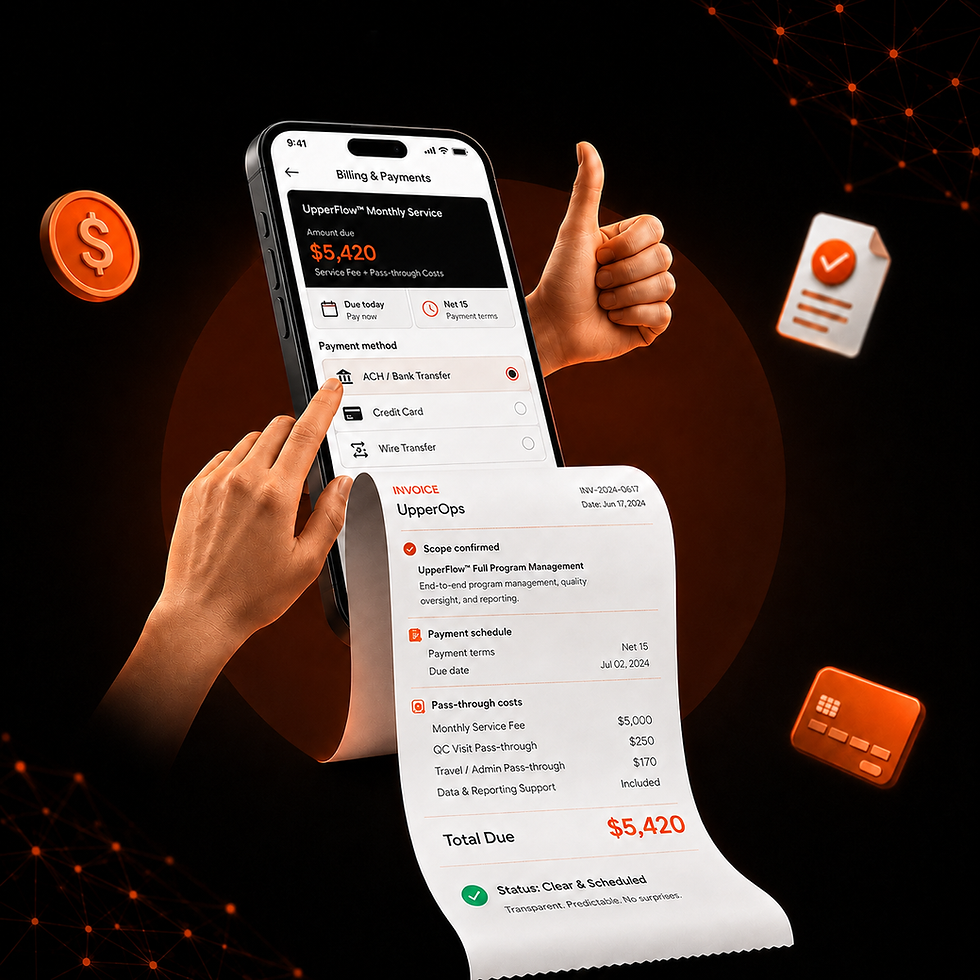 Understand how UpperOps™ structures pricing, invoices, payment schedules, third-party costs, and talent payment coordination. Because each engagement may involve different commercial lanes, support models, timelines, and pass-through expenses, final payment terms are defined in the Statement of Work (SOW) before execution begins.